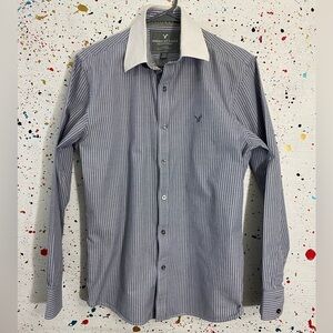 American Eagle Men's Vintage Fit Striped Gray/White Collar White Size Med